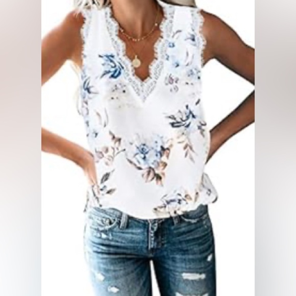 V-Neck Lace Trim‎ Sleeveless Blouse
